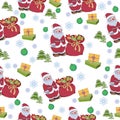 New Year pattern with Santa, gifts, Christmas balls on a white background. Vector illustration. Royalty Free Stock Photo